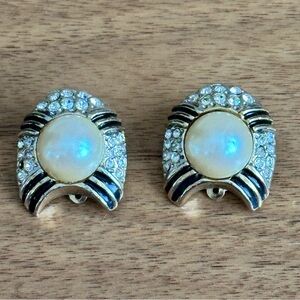 Vintage Mid Century Clip On Earrings Faux Pearl Rhinestone